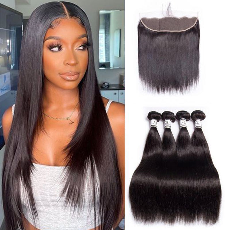 Queen Life Hair 8a 4 Bundles With Lace Frontal Straight Brazilian Huma 